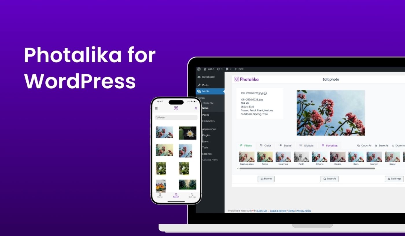 Photalika for WordPress, dashboard in a computer and mobile app.
